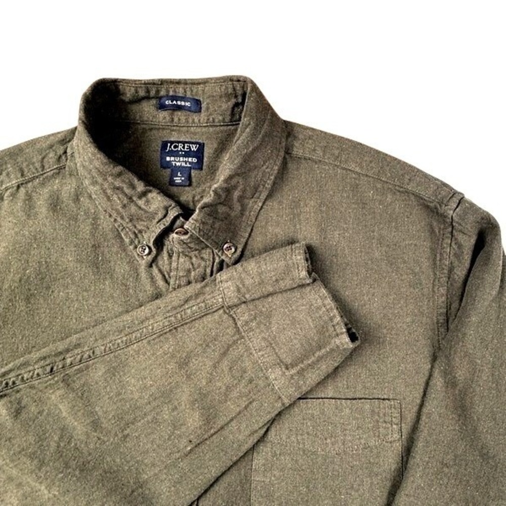 J.Crew Classic Fit Brushed Twill Shirt Olive Green Long Sleeve Button Mens L